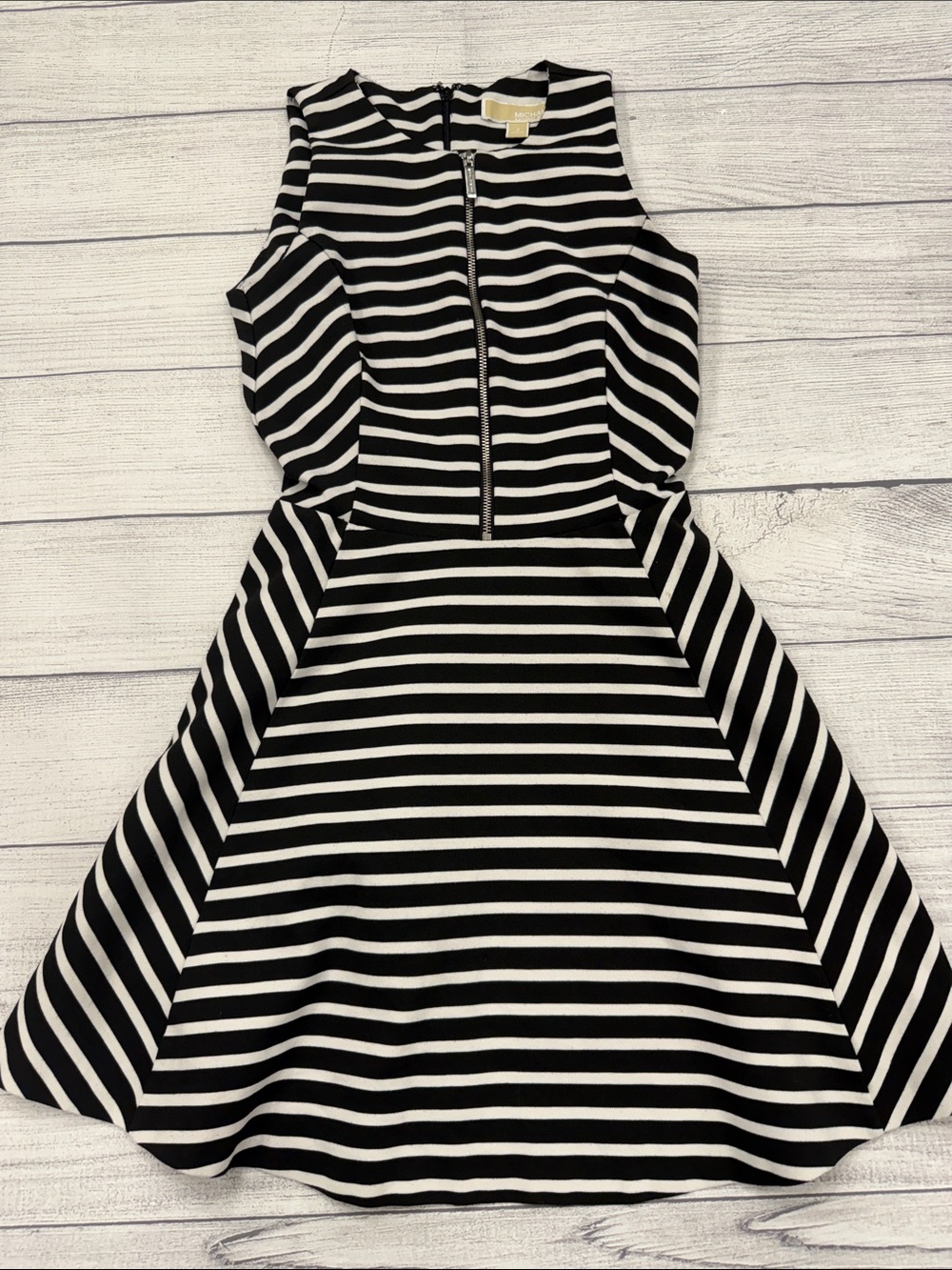 Michael Kors Black White Striped Fit & Flare Dress Zip Front Size 2
